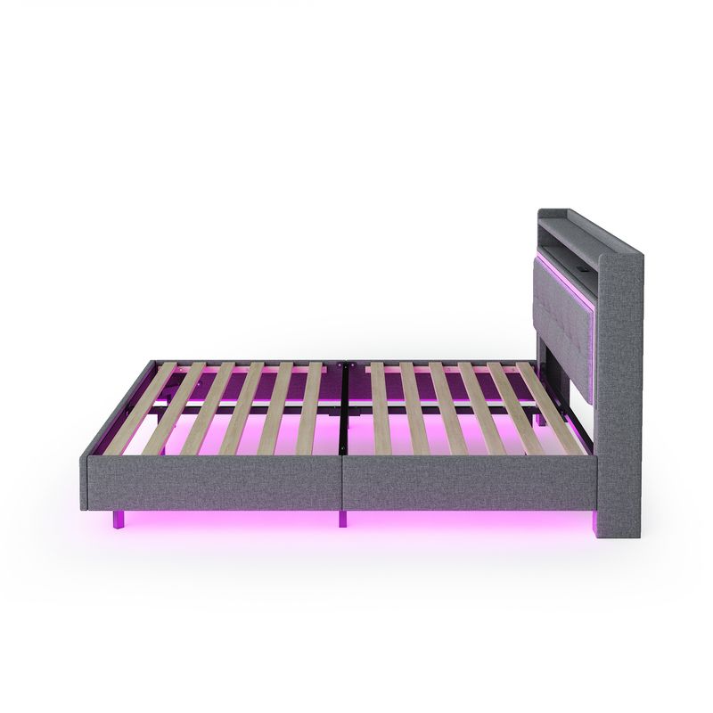 Polsterbett 140x200cm Con USB, LED, Fußen Versteckten, Leinenstoff Grau_voghion.com