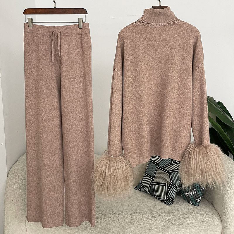 Ensemble en tricot avec poignets en fourrure de renard pour femme – Pull ample à col montant et pantalon large pour l'automne/hiver_voghion.com