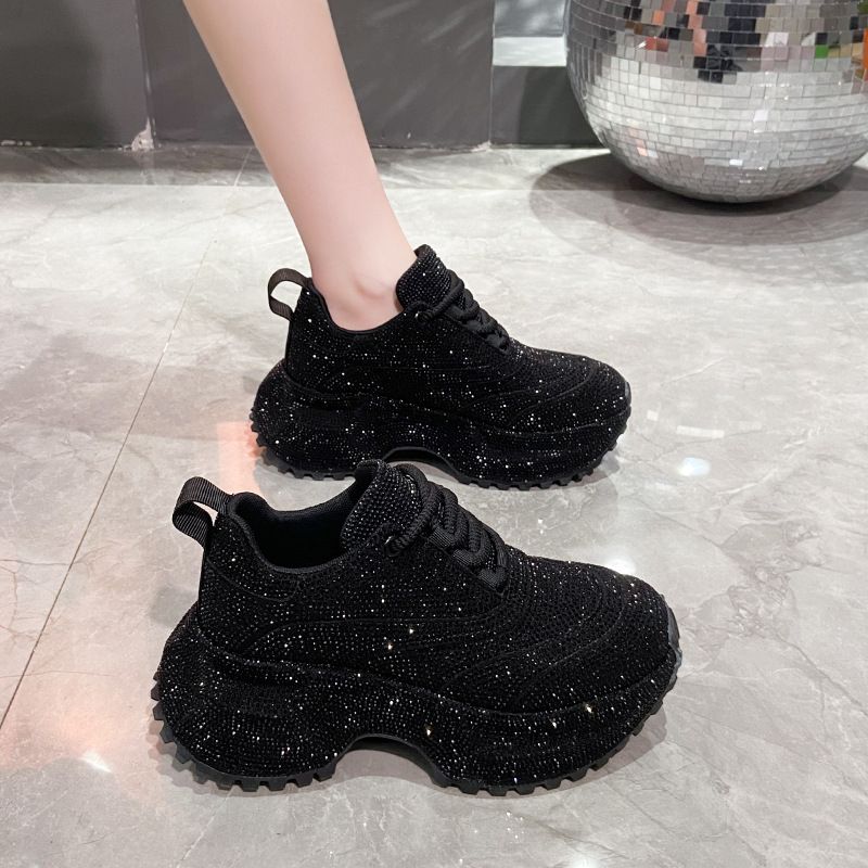 Modische Damen-Sneaker mit Strasssteinen – klobige Plateauschuhe für mehr Körpergröße, atmungsaktives Obermaterial aus PU, lässige und trendige Low-Top-Schnürschuhe_voghion.com