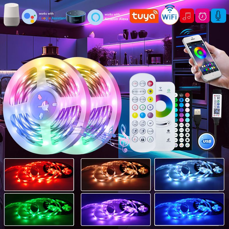 Tuya WiFi LED Şerit Işıkları Akıllı Yaşam USB 5050 RGB Lamba Bant TV PC Arka Aydınlatma Oda Işığı Esnek Diyot Alexa Google ile Çalışır_voghion.com