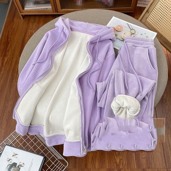 Kadın Giyim Sweatshirt Plus Kadife Fermuarlı Hırka Kadife Polar Astarlı Fermuarlı Kapüşonlu Üst Takım - Rahat Kışlık Kazak ve Eşofman Altı Günlük Kıyafet_voghion.com