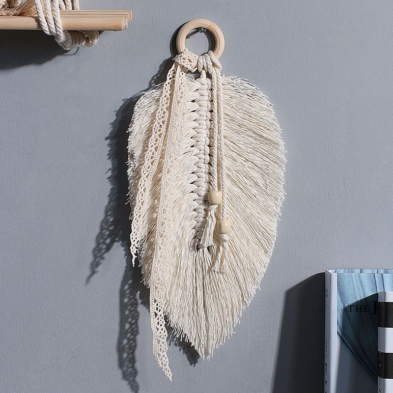 ins Nordic handgeweven wandtapijt met verenblad woonkamer homestay kwastje katoenen touw hanger bladdecoratie bladwijzer_voghion.com