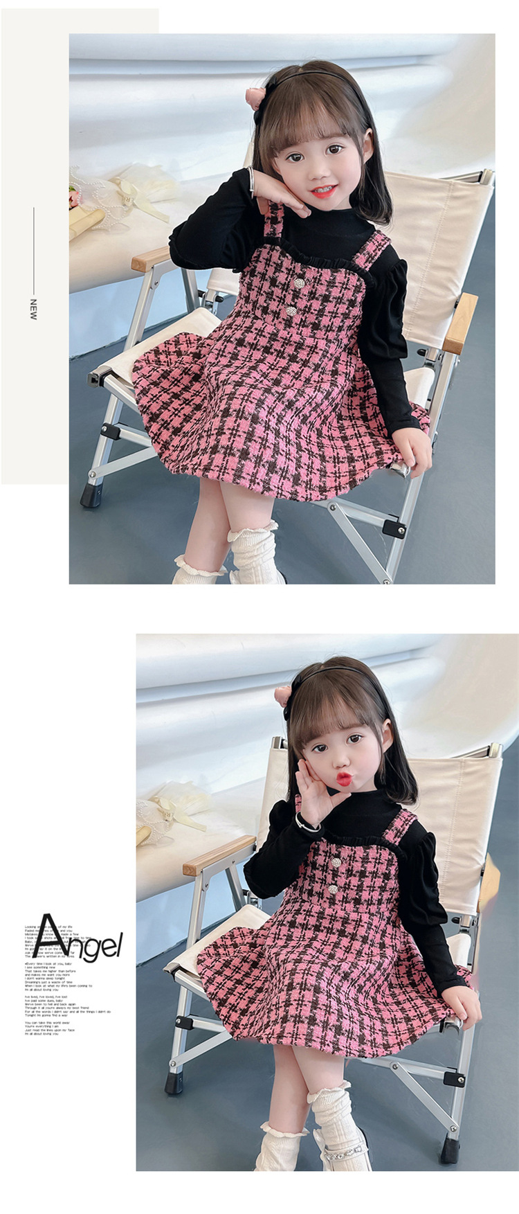 Kariertes Kleid für Mädchen im Herbst, 2024 neue und trendige Kinderkleidung, im Internet bekanntes zweiteiliges Set für den Frühling_voghion.com