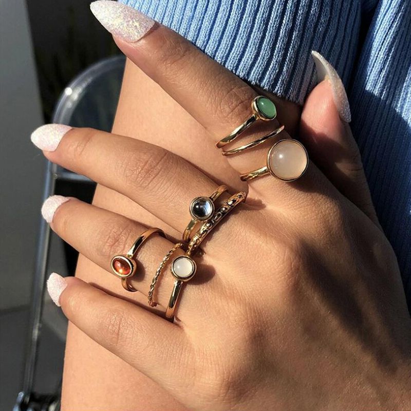 2025 Fashion Style Women's Crystal and Gemstone Ring Set, Retro Fashion Gold Silver Resin Ring, Geometric Design_voghion.com