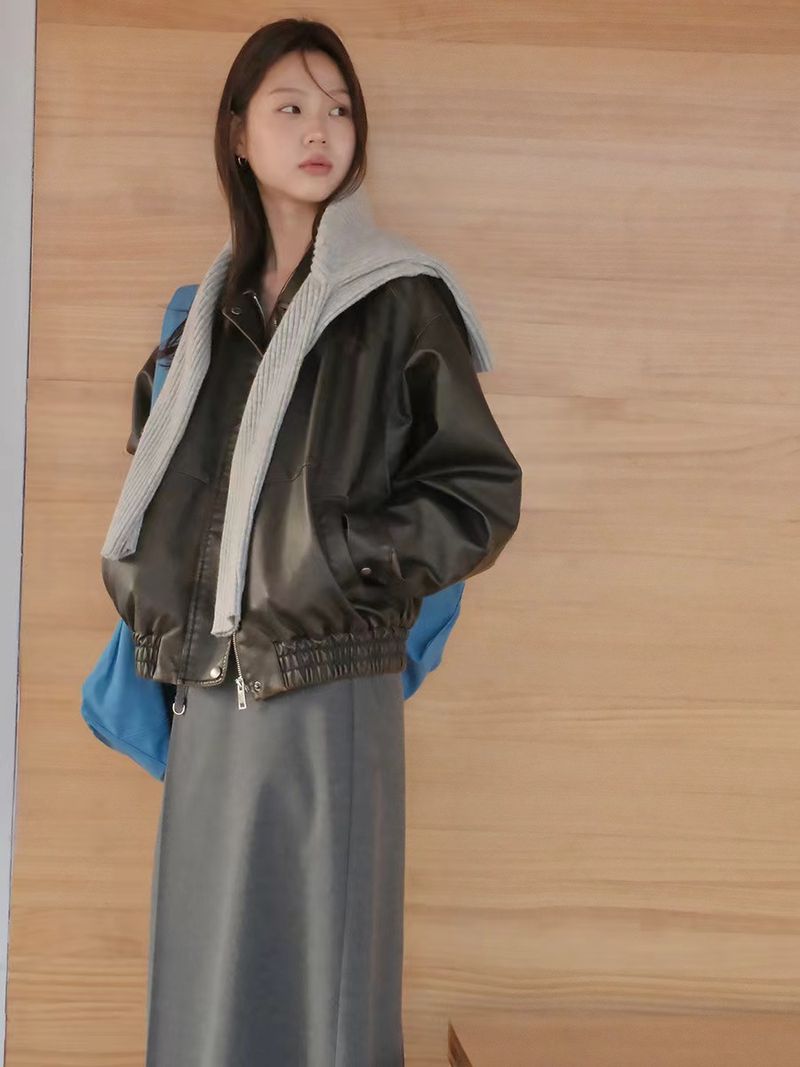 Women's Clothing Retro PU Leather Short Motorcycle Jacket For Women Autumn And Winter New Loose Leather Lapel Jacket_voghion.com