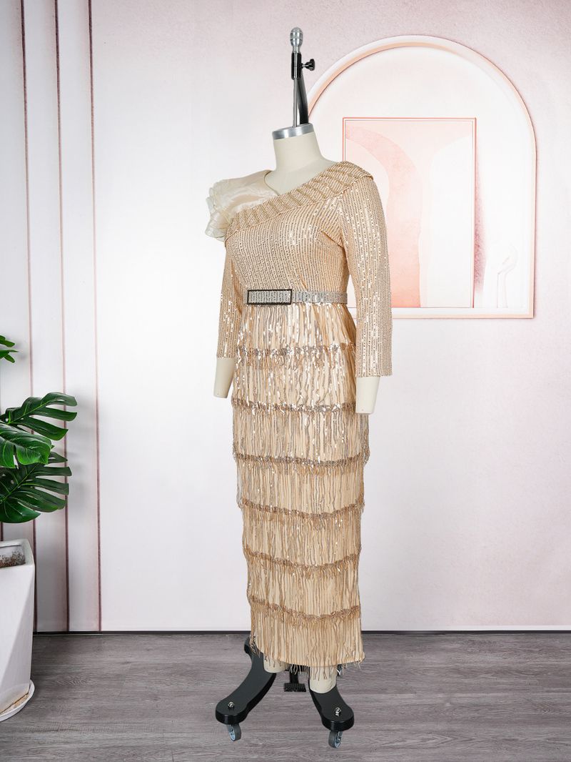 Plus Size Glitter Fringe Party Dress For Women - Elegant V-Neck Sequin Evening Gown With Layered Tulle Skirt (Wine Red, Royal Blue, Rose Purple)_voghion.com