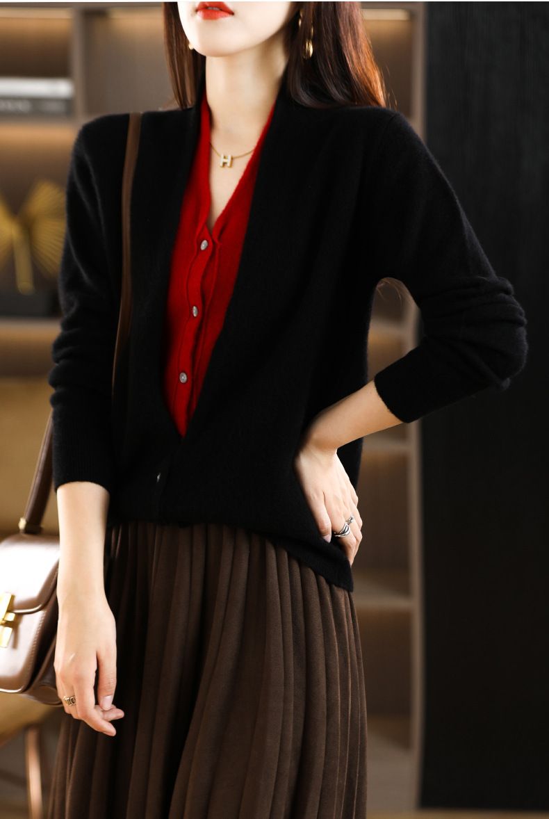 Nuovo cardigan in cashmere con scollo a V da donna, giacca in lana color block in due pezzi, top largo rosso anno zodiacale per_voghion.com
