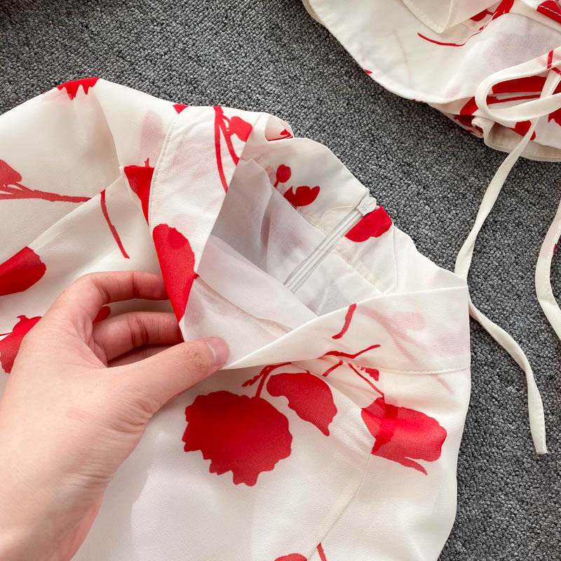 Chemise courte en mousseline de soie imprimée de style resort pour femmes, avec jupe fendue à bords d'oreilles funky, ensemble deux pièces tendance_voghion.com
