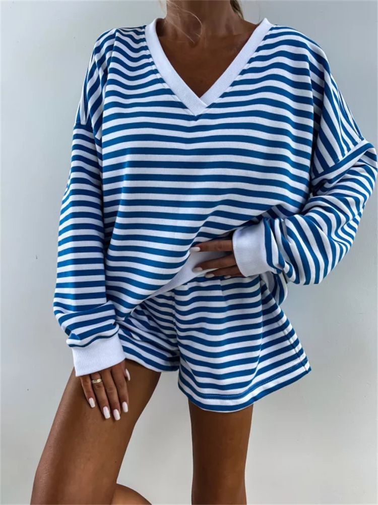 Ensemble 2 pièces décontracté à rayures pour femme, haut ample à manches longues et col en V, short de sport_voghion.com