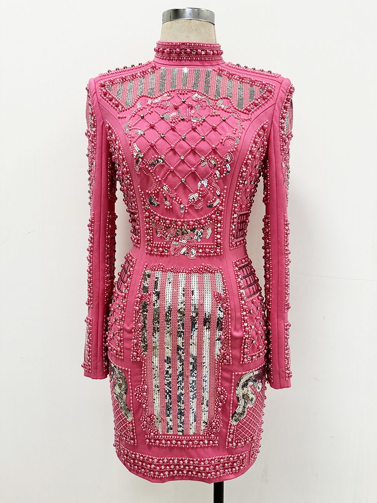 Abbigliamento da donna Autunno e inverno Abito stretto elastico con paillettes e perline di diamanti pesanti_voghion.com