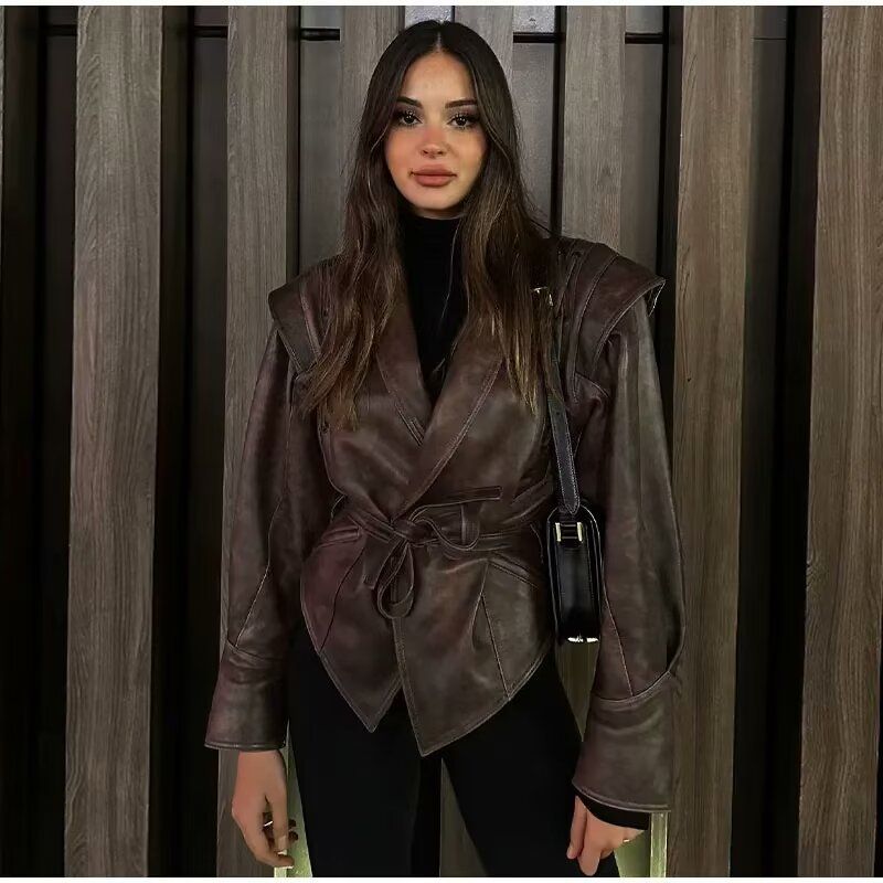 Ropa de mujer Primavera y otoño Nueva Chaqueta de cuero de un solo pecho con cinturón y cuello de fruta verde retro que combina con todo_voghion.com