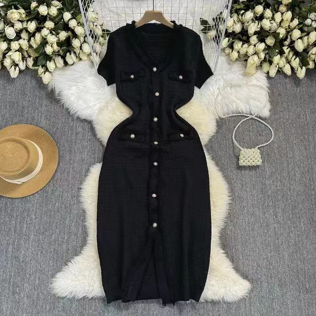 Abito in maglia a maniche corte con scollo a V da donna, temperamento in vita, abito lavorato a maglia_voghion.com