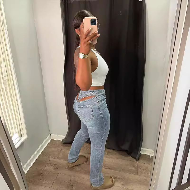 Vêtements pour femmes, jeans sexy extensibles ajourés à la taille dans le dos_voghion.com
