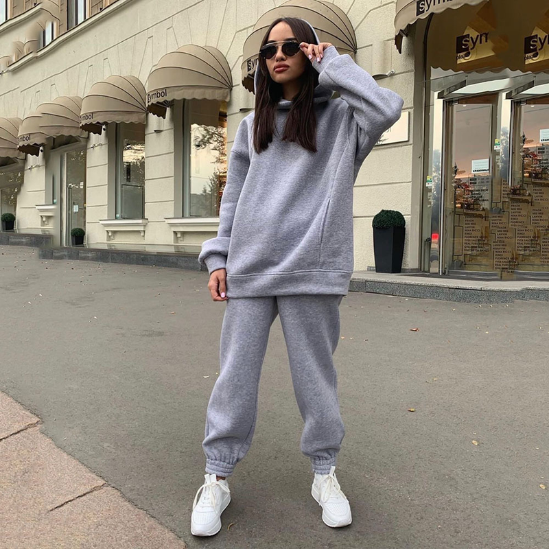 European and American autumn and winter new fashion solid color hooded sweatshirt casual two-piece set_voghion.com