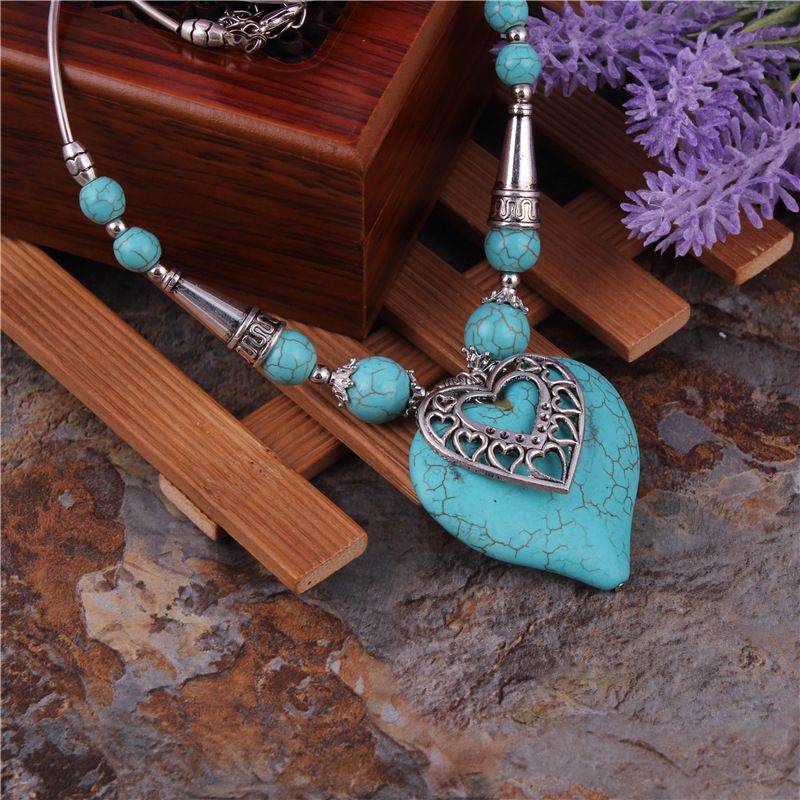 Nieuwe mode eenvoudige dubbellaagse liefde turquoise korte legering etnische stijl ketting decoratie_voghion.com