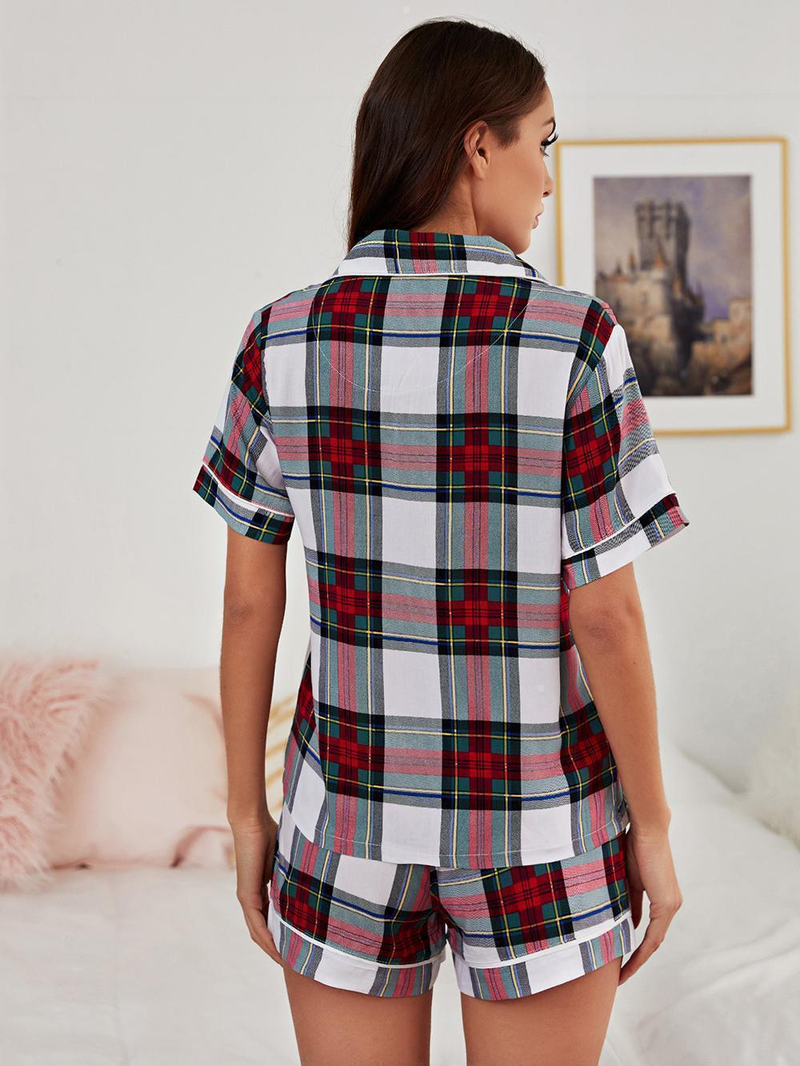 Dameskleding pyjama's voor dames vest met korte mouwen en geruite huiskledingset_voghion.com