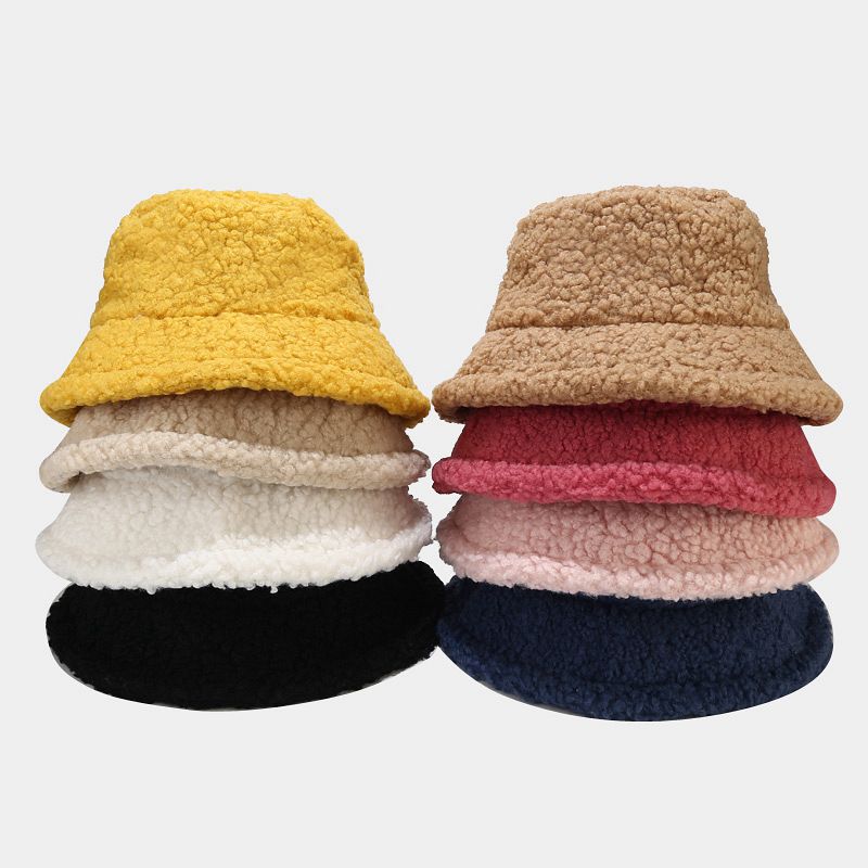 Hat women's autumn and winter versatile lamb wool bucket hat simple solid color thickened warm plush basin hat_voghion.com