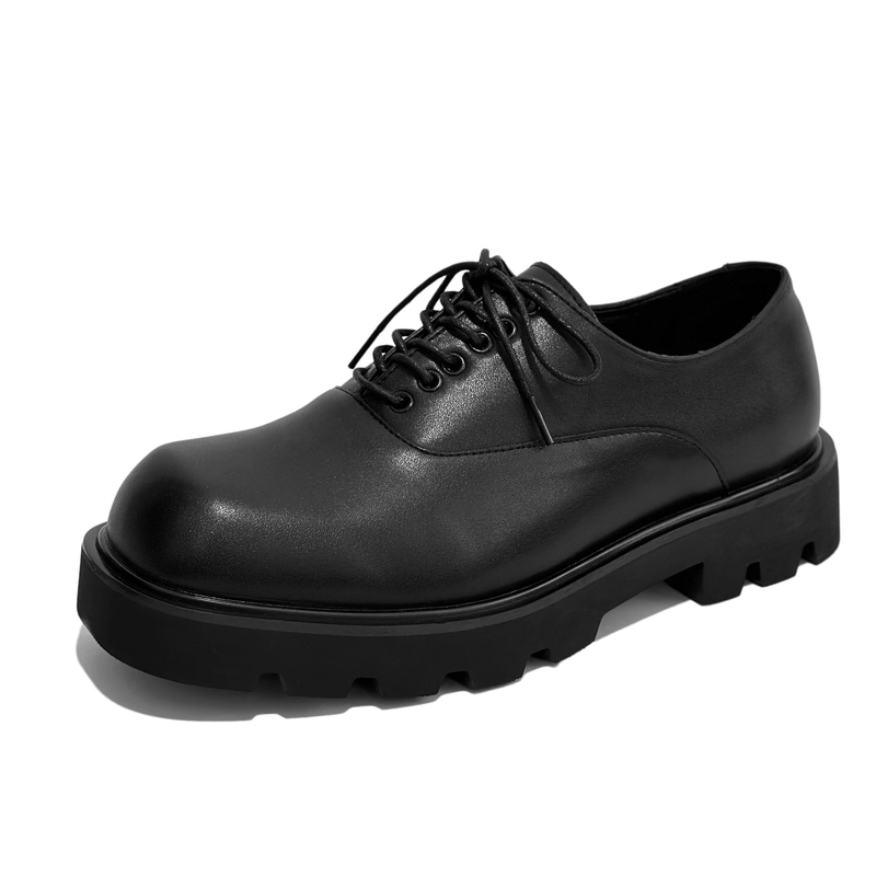 Square Toe Leather High-end Thick Soles, Korean Version Niche Design, Black Loafers For Men With High Height Derby Shoes_voghion.com