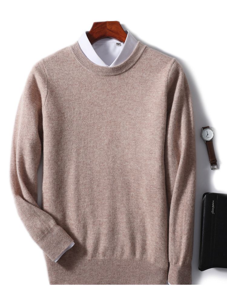 Neue Herbst- und Winter-Herren-Rundhalspullover aus Wolle in Volltonfarbe mit lockerer Kaschmir-Strickbasis für Jugendliche_voghion.com