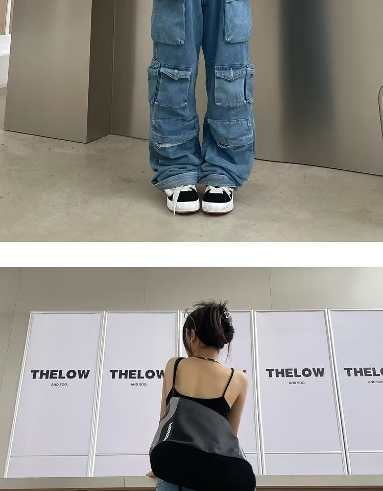 Salopette multitasche da donna con impiombature grigie, pantaloni lunghi a gamba larga invecchiati lavati in strada_voghion.com
