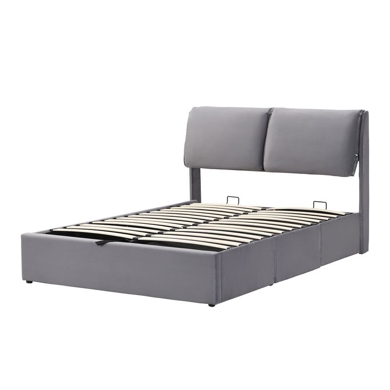 Cadre de lit coffre hydraulique rembourré en velours avec 3 tiroirs, sommier à lattes, tête de lit, 140 x 200 cm, gris, matelas non inclus_voghion.com