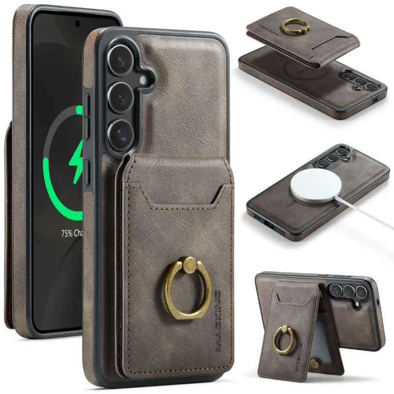 Für Samsung Galaxy S25 S23 Ultra S24 Plus Telefonhülle mit magnetischem abnehmbarem Kartenhalterring Kabellose Ladelederabdeckung_voghion.com