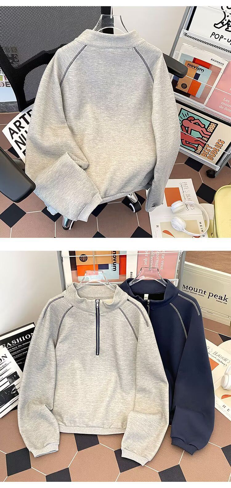 Herren-Rollkragenpullover mit halbem Reißverschluss – Cleanfit Heavyweight Pullover mit Kapuze (Gräulich/Marineblau, M-2XL)_voghion.com
