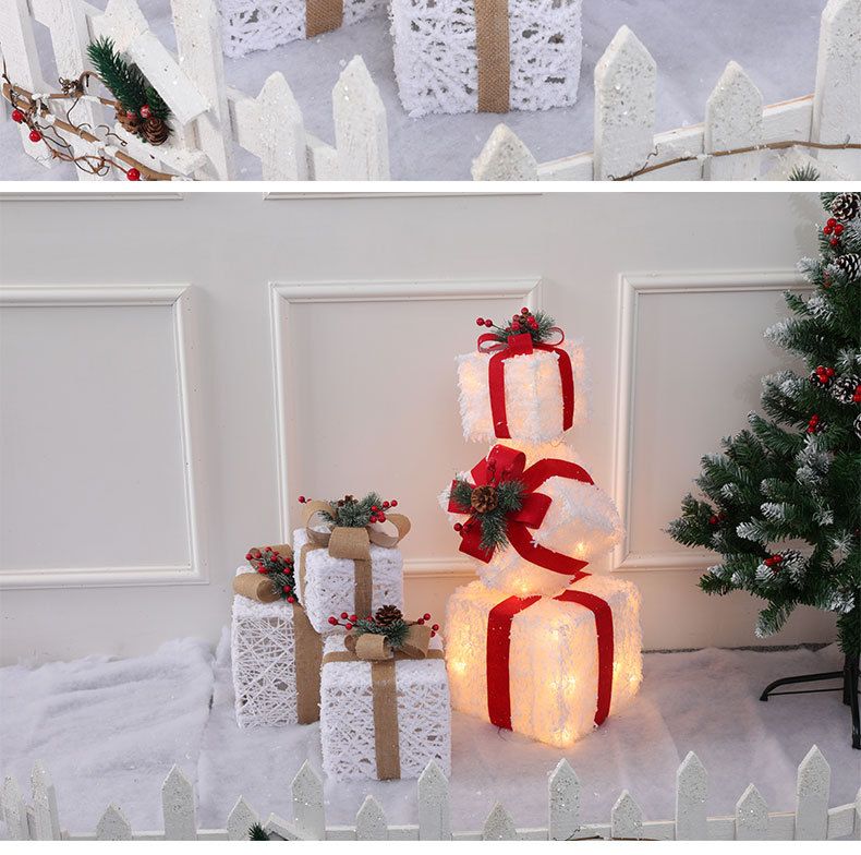 Elegante set di decorazioni natalizie bianche - Scatola regalo illuminata da 3 pezzi con decorazioni per l'albero, per decorare la casa e le vetrine a festa._voghion.com