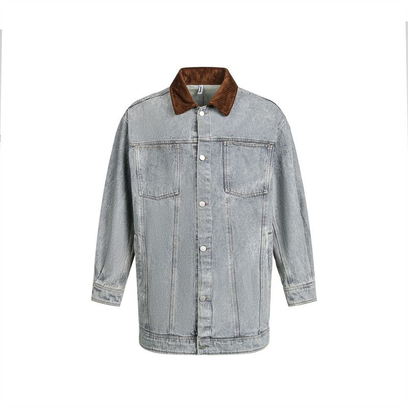 Spring And Autumn Denim Trench Coat For Men, Mid-Length, Distressed Washed Punk Street Style, Multi-Pocket, Color-Block,_voghion.com