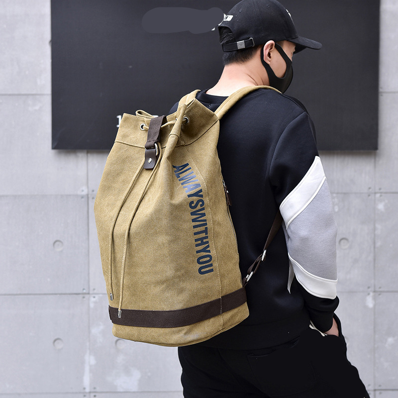 Fashionable Canvas Sports Backpack Round Bucket Bag Travel Computer Backpack Men's Bag Leisure Travel Backpack Unisex_voghion.com