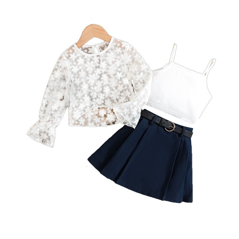 Kinderkleidung für Frühling und Herbst, neuer modischer Anzug für Mädchen, langärmliges Oberteil, Hosenträger, Faltenrock innen, dreiteiliger Anzug_voghion.com