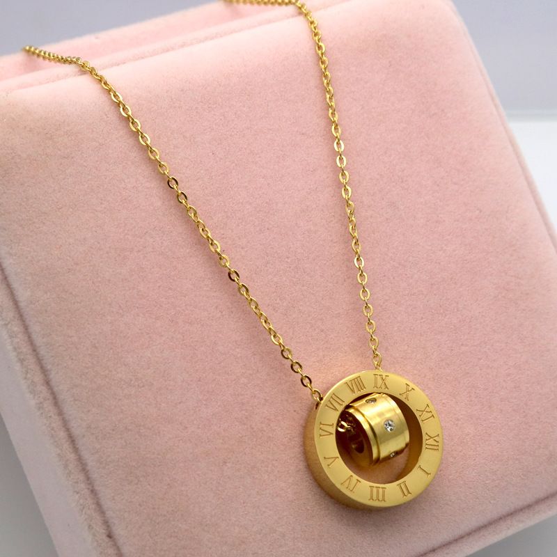 Men And Women's Jewelry Fashion Temperament Roman Numeral Diamond Necklace Couple Plated Double Ring Transfer Bead Necklace_voghion.com