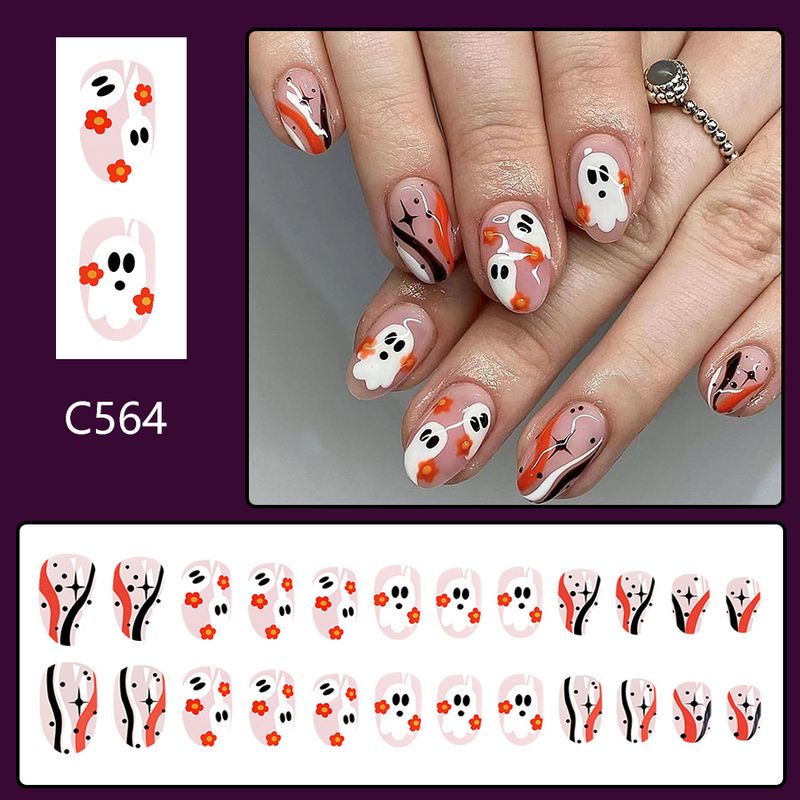 Nail Art a strisce irregolari multicolore con fiore bianco fantasma carino ovale corto lucido di Halloween, 24 pezzi_voghion.com