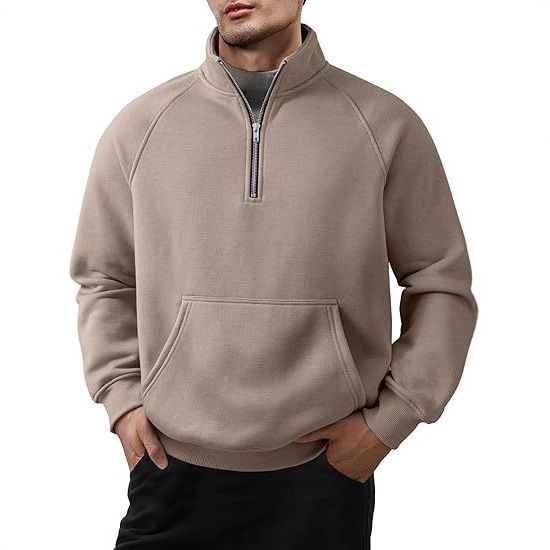 Herrenbekleidung Fleece-Kapuzenpullover mit Stehkragen und halbem Reißverschluss – Locker geschnittenes Langarm-Sweatshirt für den Winter (Weiß, Schwarz, Grau, Marineblau, Kamel)_voghion.com