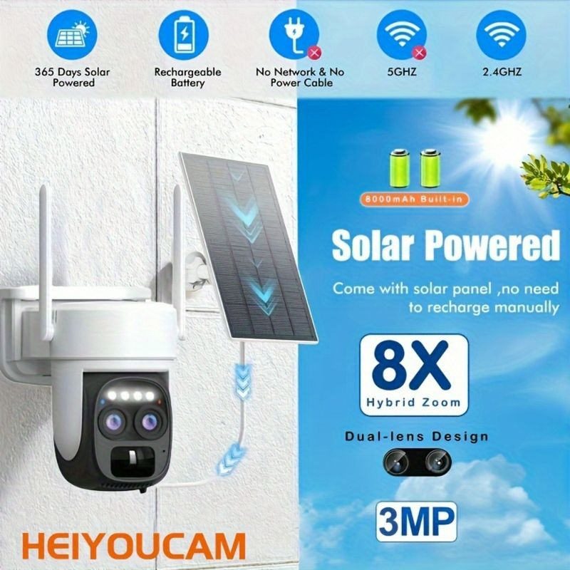 4K Ultra High Definition Trådløst Sikkerhedskamera Med Solcelleanlæg - Dobbelt Linse, WiFi-forbindelse, Vandtæt, Velegnet Til Udendørs Overvågning_voghion.com