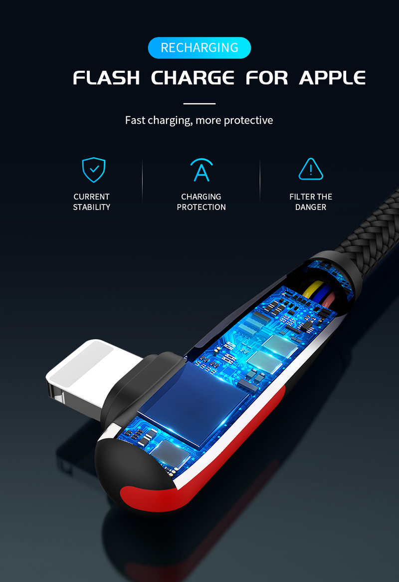 Nylon L-shape USB For iPhone 14 13 12 11 Pro Max XS XR X 8 7 6 6S 5S 3A Fast Charger 90 Degree USB Wire Cord P                  S_voghion.com