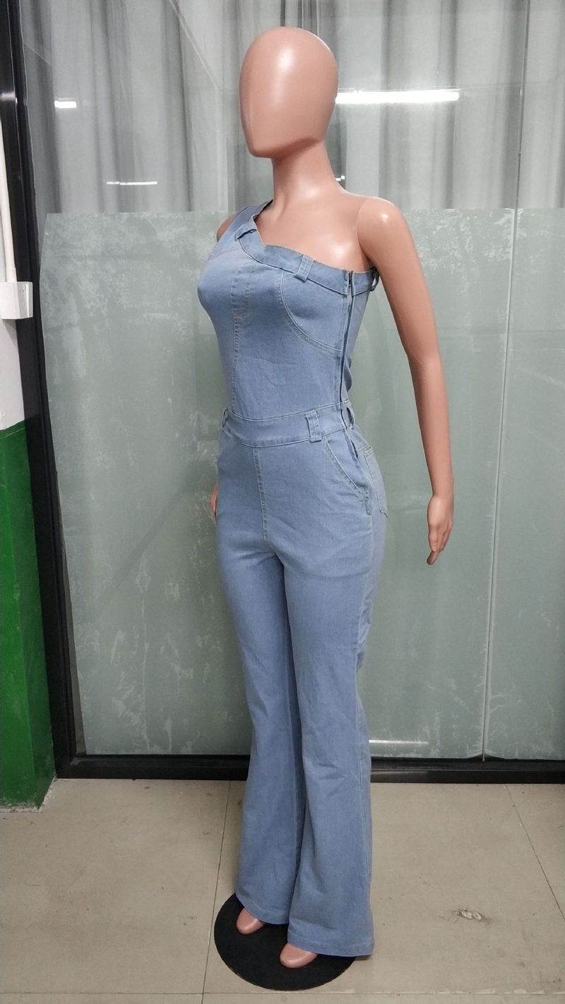 Abbigliamento da donna, spalla obliqua, vita stretta, tuta in denim lavato elastico sottile, pantaloni svasati_voghion.com