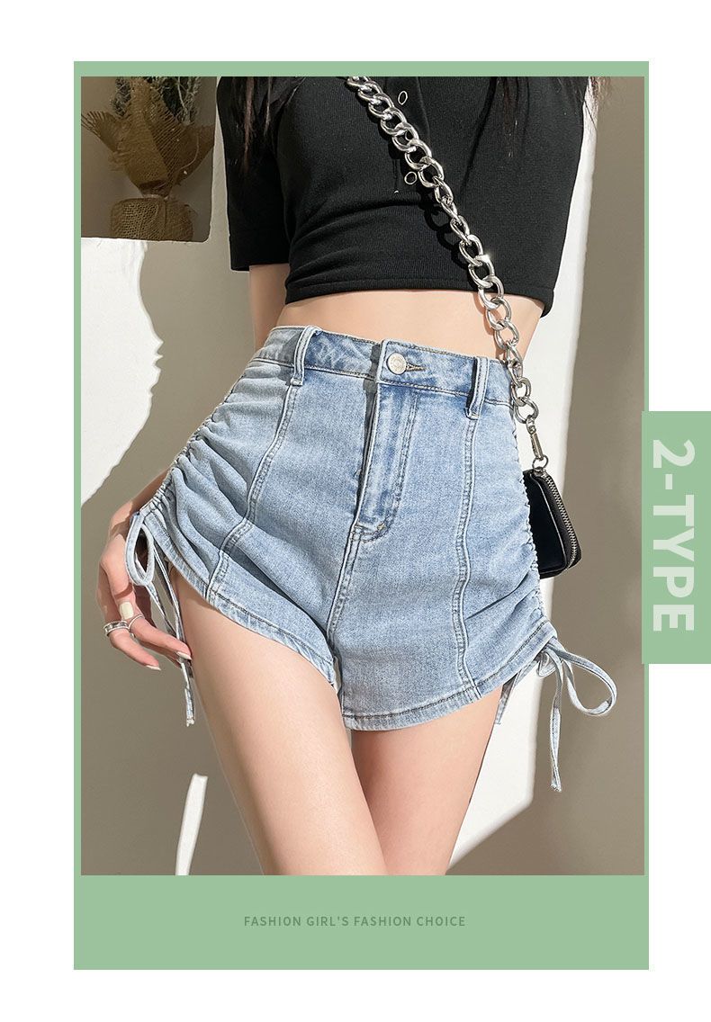 Strap drawstring denim shorts for women in summer, niche design with high waist slimming effect. Spicy girls have a_voghion.com