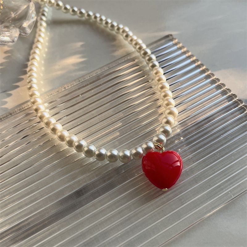 Collar con colgante de corazón de melocotón en forma de perla rosa, blanco y rojo, listo para usar, joyería para niñas y mujeres._voghion.com