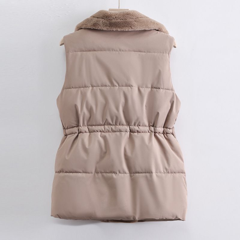 Gesteppte Damenweste mit Kunstpelzkragen – Lange Pufferjacke ohne Ärmel für Herbst und Frühling, warme Polyesterfüllung, vielseitige Unifarben_voghion.com