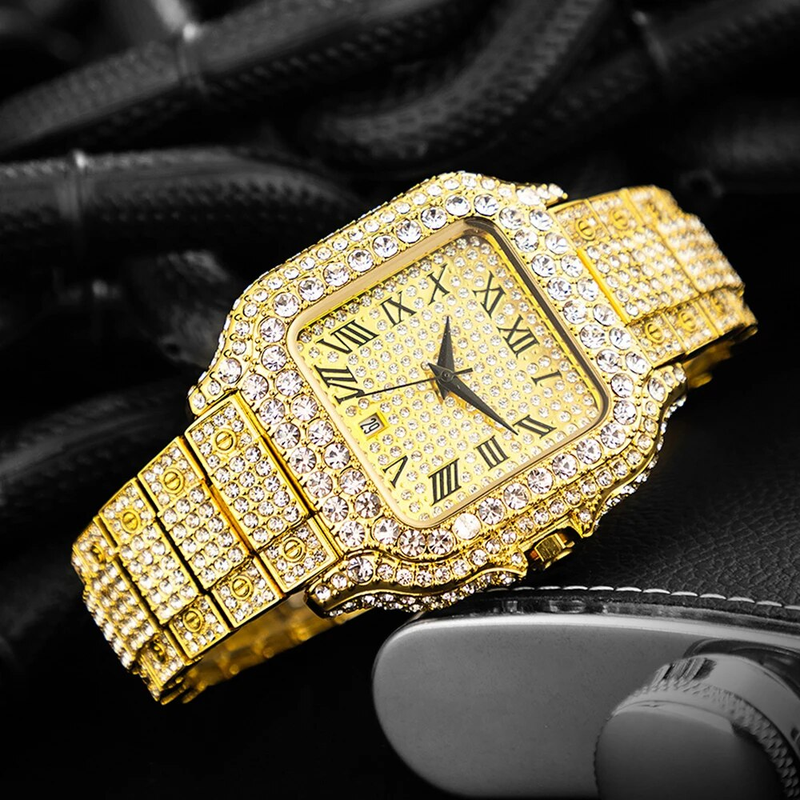 2023 Nieuwe Iced Horloge Herenmode Merk MISSFOX Automatische Datum Roestvrijstalen Klok Hip Hop Diamant Vierkant Goud_voghion.com