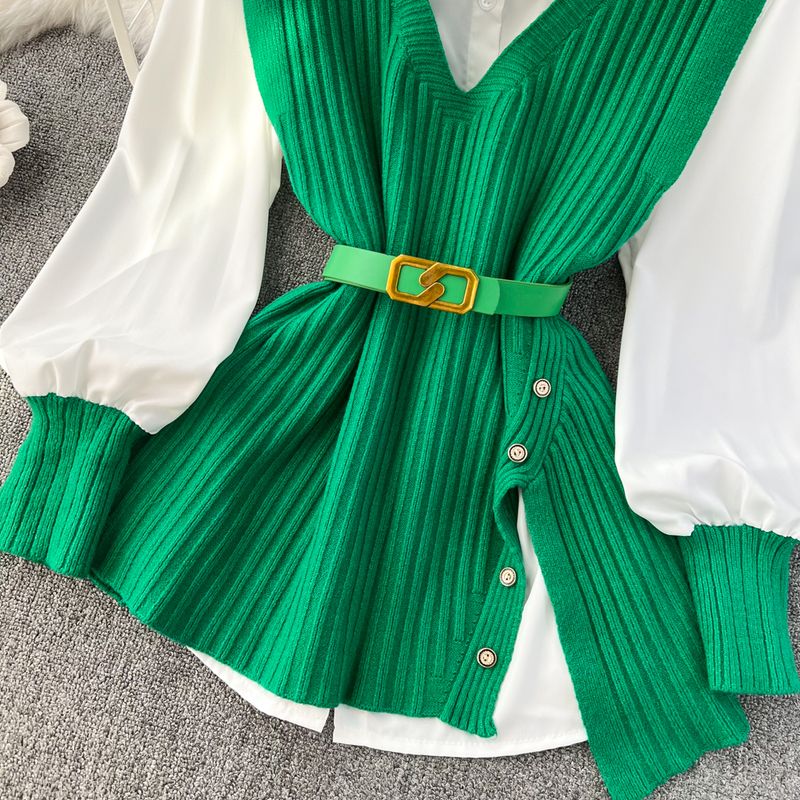 Damenbekleidung Neue lockere weiße Hemdoberteile für Damen im Herbst und Winter, geschlitzte Strickweste mit Design, modischer und altersreduzierender zweiteiliger Anzug_voghion.com