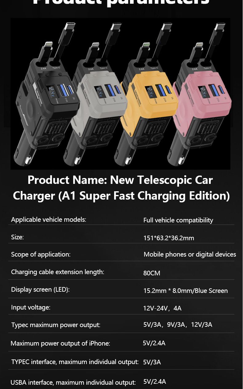 Car Chargers Supports 66W Super Fast Charging Flash Charging Retractable Cable Four In One Cigarette Lighter_voghion.com