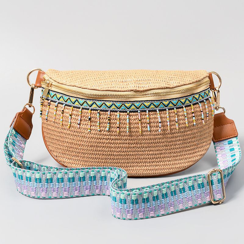 Bolsa feminina versátil de palha PP trançada com zíper para férias estilo étnico ENSPT_voghion.com