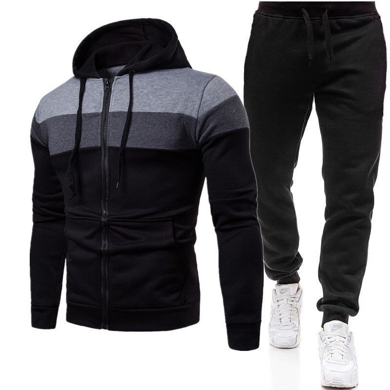 2025 Autumn Winter New Three-Color Patchwork Zipper Set Men's Sports Casual Plus Size Loose Sweatshirt Sweatpants_voghion.com