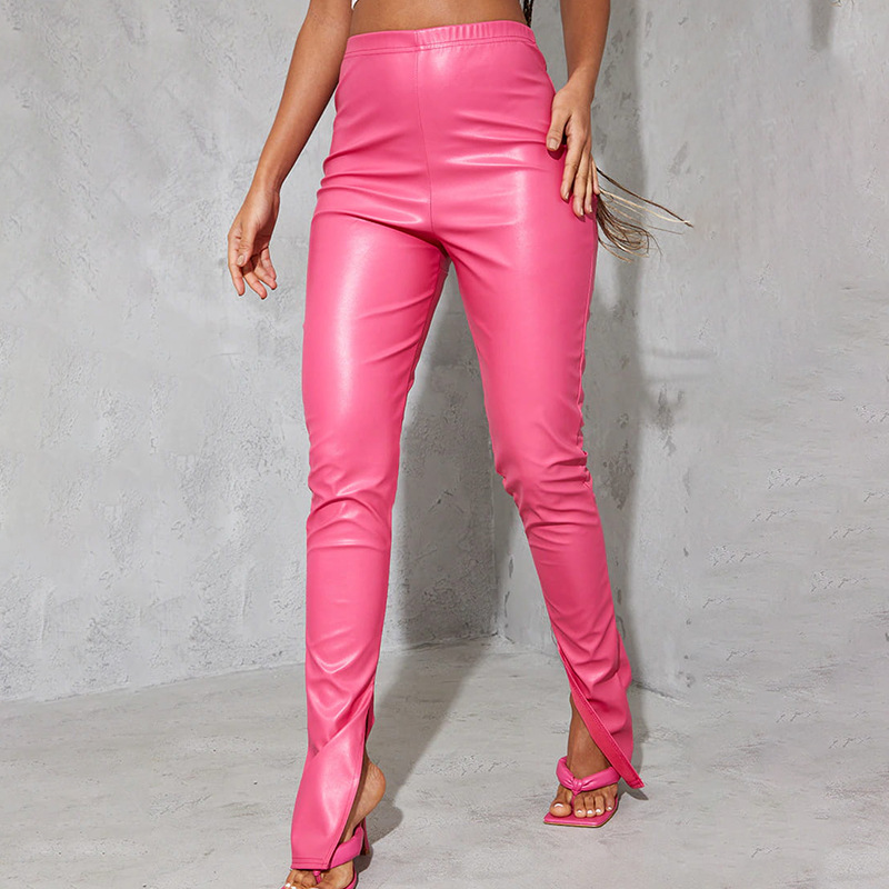 Nuovi pantaloni in pelle a fessura bassa cava tinta unita moda autunno e inverno da donna_voghion.com