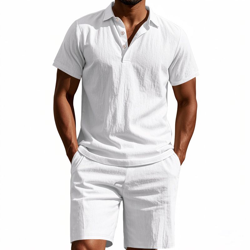 Ensemble polo et short de plage à manches courtes pour homme, style américain, ample, décontracté, respirant, en lin_voghion.com