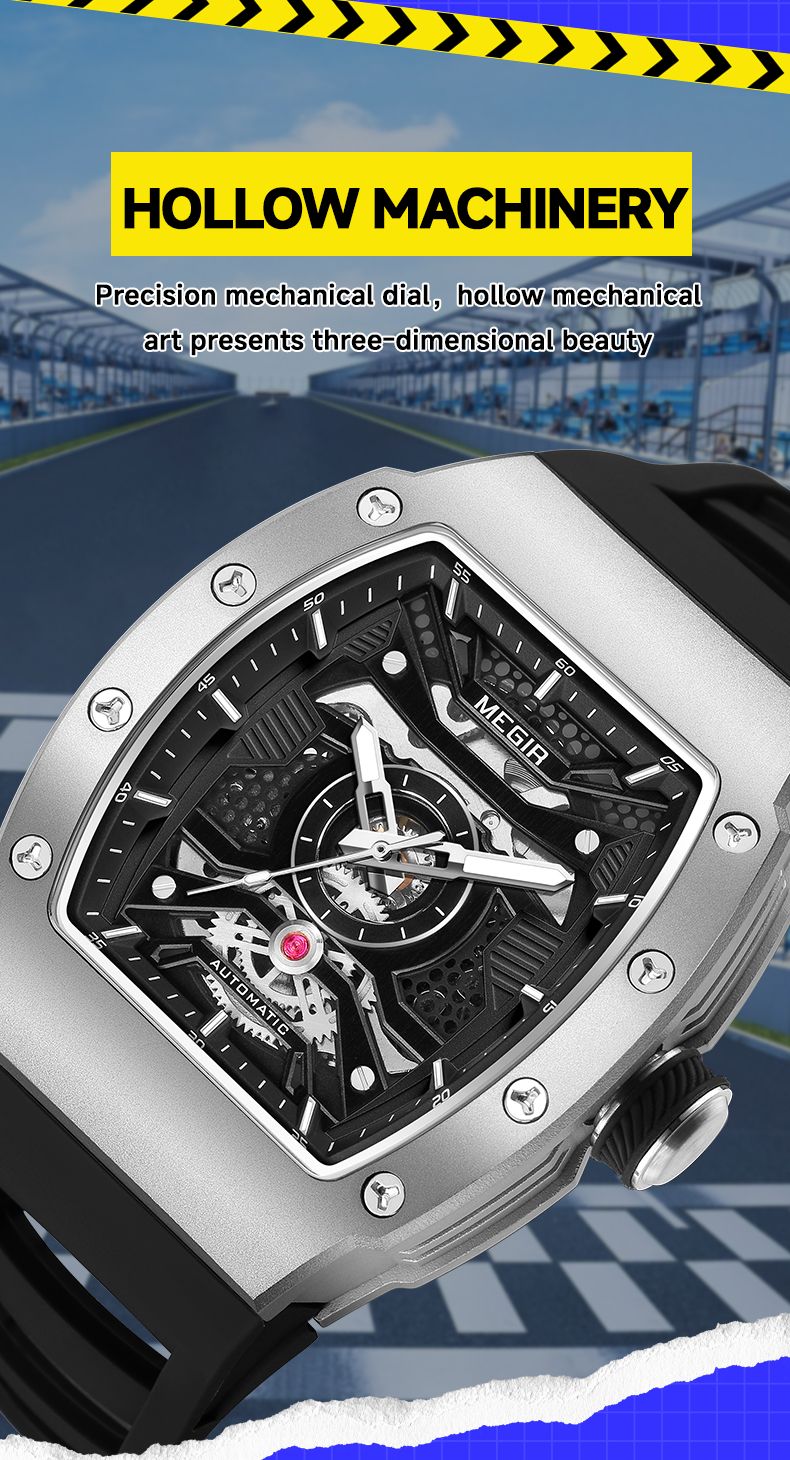 MEGIR Automatic Mechanical Watch For Men Fashion Sport Wristwatch With Stainless Steel Case Silicone Strap Luminous Hands_voghion.com