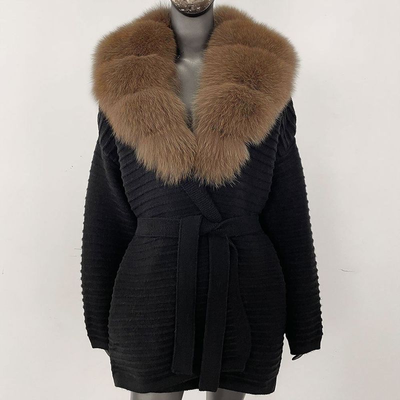 Luxuriöse Oversize-Strickjacke mit Fuchspelzkragen – Eleganter Langarmpullover mit offener Vorderseite für Damen_voghion.com