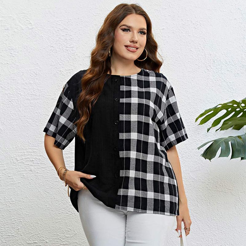 Dames zomer groene ronde hals geruite losse casual top_voghion.com